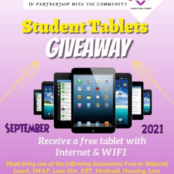 Student tablet giveaway flyer showing multiple tablets