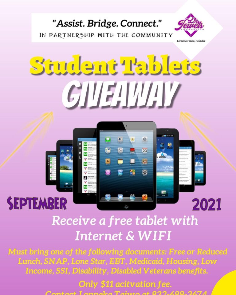 Student tablet giveaway flyer showing multiple tablets